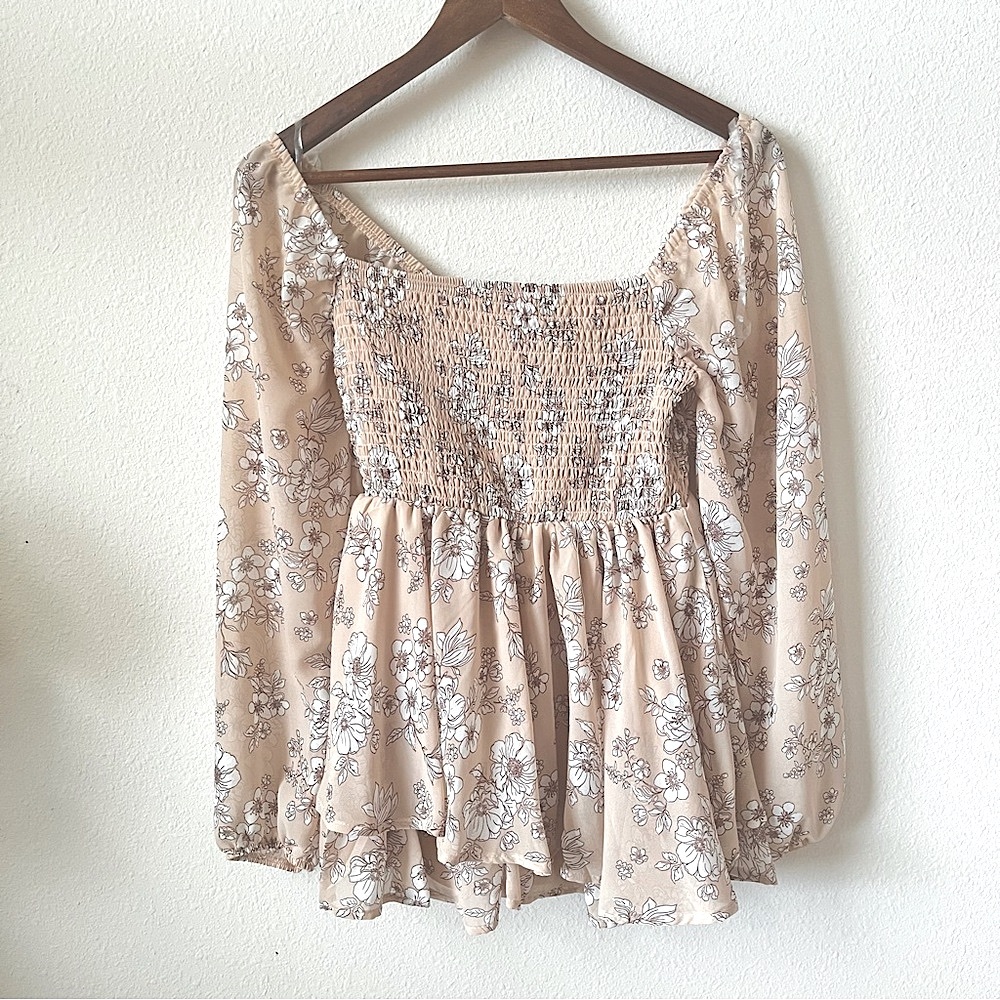 Free People Floral Cream Pink Smocked Mini Short Summer Long Sleeve Chic Romper